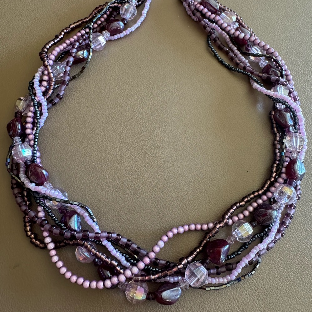 Elegant Multi-Strand Purple and Black Beaded Necklace